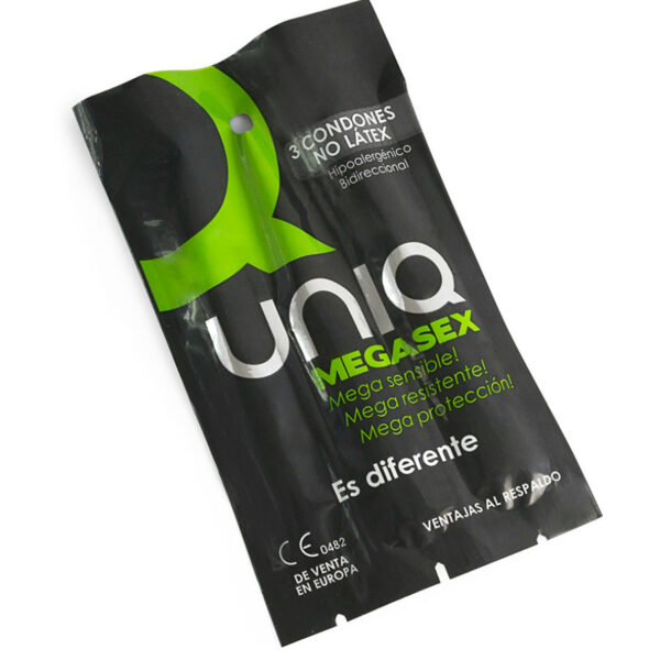 Imagen del artículo erótico UNIQ - MEGASEX PRESERVATIVOS SENSITIVOS CON LIGUERO SIN LATEX 3 UNIDADES de UNIQ en la sección PRESERVATIVOS |Sin Latex de Millenial Sexshop.