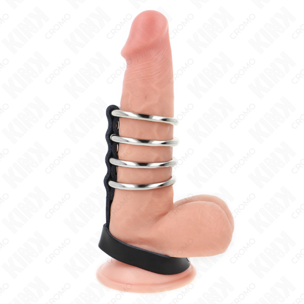 Imagen del artículo erótico KINK - 4 ANILLOS PENE METAL 3.8 CM CONECTADOS CON CORREA DE CUERO 22 X 1.5 CM Y CIERRE A PRESIÓN de KINK RING POWER en la sección BDSM & BONDAGE |Artículos BDSM|Anillas pene metal BDSM de Millenial Sexshop.