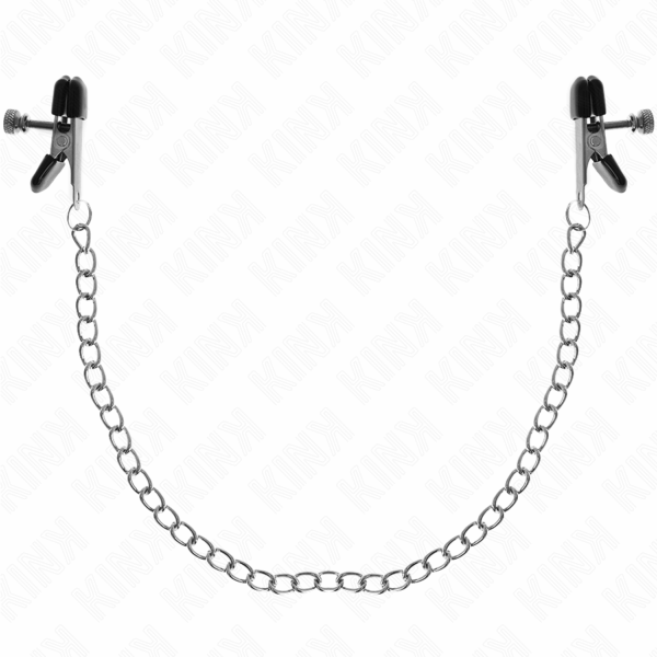 Imagen del artículo erótico KINK - PINZAS PARA PEZONES PLANAS NEGRO CON CADENA PLATEADO 34 CM de KINK NIPPLE GRIP en la sección BDSM & BONDAGE |Artículos BDSM|Pinzas Pezones BDSM de Millenial Sexshop.