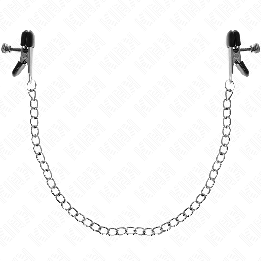 Imagen del artículo erótico KINK - PINZAS PARA PEZONES PLANAS NEGRO CON CADENA PLATEADO 34 CM de KINK NIPPLE GRIP en la sección BDSM & BONDAGE |Artículos BDSM|Pinzas Pezones BDSM de Millenial Sexshop.