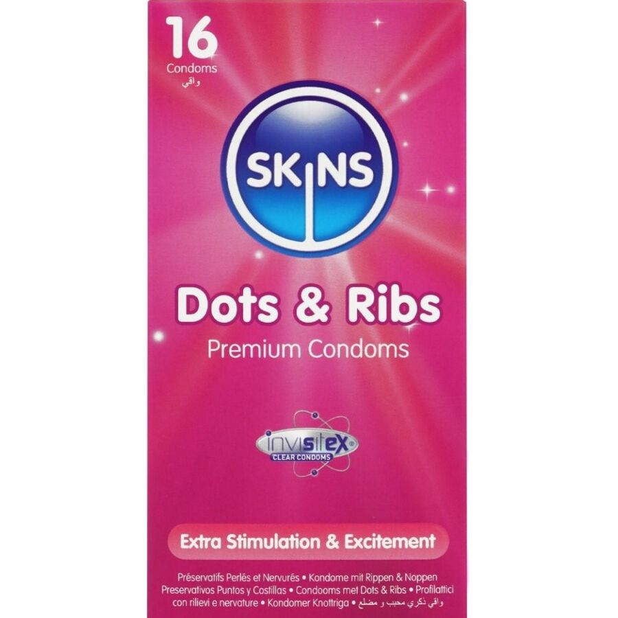 SKINS - DOTS & RIBS PRESERVATIVOS PREMIUM PACK 16-MillenialSexshop-SKINS Imagen del artículo erótico SKINS - DOTS & RIBS PRESERVATIVOS PREMIUM PACK 16 de SKINS en la sección PRESERVATIVOS |Puntos y Estrías de Millenial Sexshop.