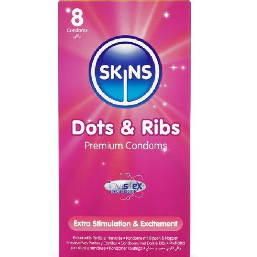 SKINS - DOTS & RIBS PRESERVATIVOS PREMIUM PACK 8-MillenialSexshop-SKINS Imagen del artículo erótico SKINS - DOTS & RIBS PRESERVATIVOS PREMIUM PACK 8 de SKINS en la sección PRESERVATIVOS |Puntos y Estrías de Millenial Sexshop.