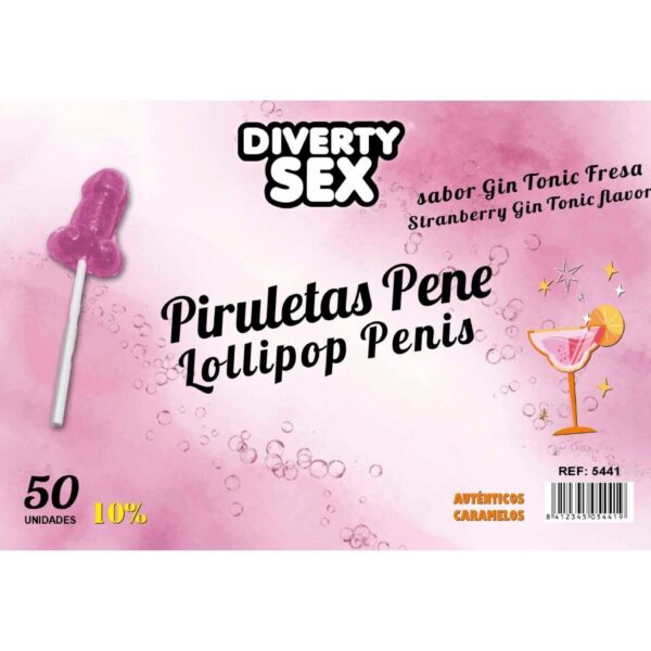 Imagen del artículo erótico DIABLO GOLOSO - 50 PIRULETAS PENE GIN TONIC FRESA 10% ALCOHOL de DIABLO GOLOSO en la sección ARTÍCULOS VARIOS|Dulces|Golosinas Divertidas con Alcohol de Millenial Sexshop.