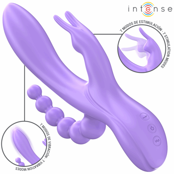 Imagen del artículo erótico INTENSE - MIKO TRIPLE VIBRADOR RABBIT & ESTIMULADOR & ANAL 7 VIBRACIONES MORADO de INTENSE FUN en la sección JUGUETES BIENESTAR |Vibradores|Vibradores HI-TECH de Millenial Sexshop.