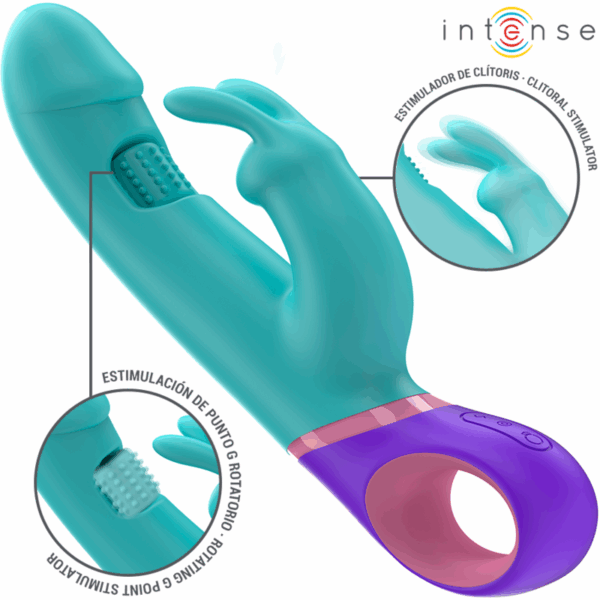 Imagen del artículo erótico INTENSE - MÓNICA VIBRADOR RABBIT CON ESTIMULADOR ROTATORIO DEL PUNTO G AZUL de INTENSE FUN en la sección JUGUETES BIENESTAR |Vibradores|Vibradores Punto G de Millenial Sexshop.