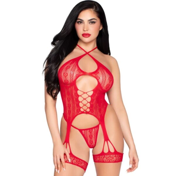 Imagen del artículo erótico LEG AVENUE - 89338 SET BODY ABIERTO CON LIGUERO + TANGA DE ENCAJE ROJO - TALLA ÚNICA de LEG AVENUE BODYSTOCKINGS en la sección MODA & LENCERÍA|Lencería Mujer|Lencería Picante|Sets con Liguero de Millenial Sexshop.