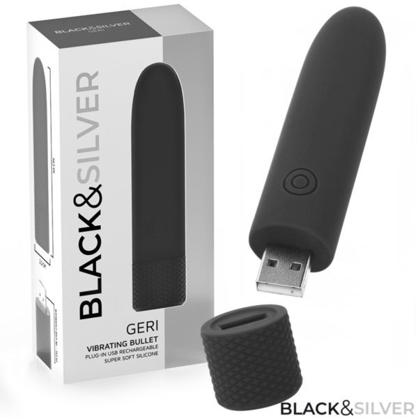 Imagen del artículo erótico BLACK & SILVER - GERI BALA VIBRADORA RECARGABLE POR USB 8 VIBRACIONES NEGRO 10 X 2.2 CM de BLACK&SILVER en la sección JUGUETES BIENESTAR |Juguetes para Mujeres|Estimuladores|Balas vibradoras de Millenial Sexshop.
