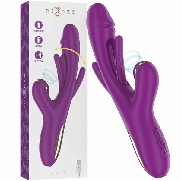Imagen del artículo erótico INTENSE - ATENEO VIBRADOR MULTIFUNCIÓN RECARGABLE 7 VIBRACIÓNES CON LENGUA OSCILANTE Y SUCCIONADOR MORADO de INTENSE FUN en la sección JUGUETES BIENESTAR |Juguetes para Mujeres|Estimuladores|Succionadores con vibración de Millenial Sexshop.