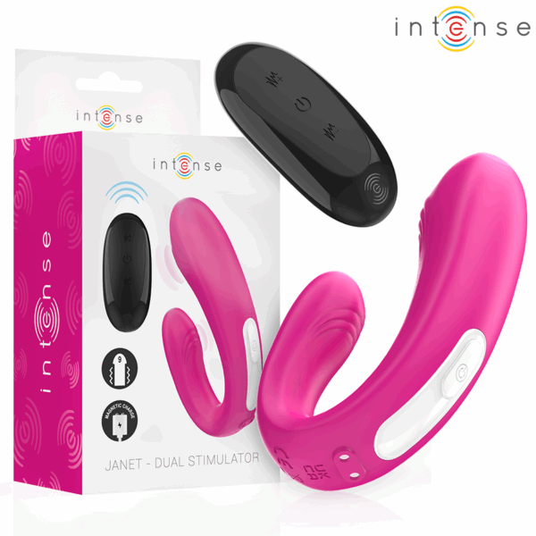 Imagen del artículo erótico INTENSE - JANET ESTIMULADOR Y VIBRADOR DUAL EN FORMA DE U CON CONTROL REMOTO ROSA de INTENSE COUPLES TOYS en la sección JUGUETES BIENESTAR |Vibradores|Vibrador Parejas U de Millenial Sexshop.