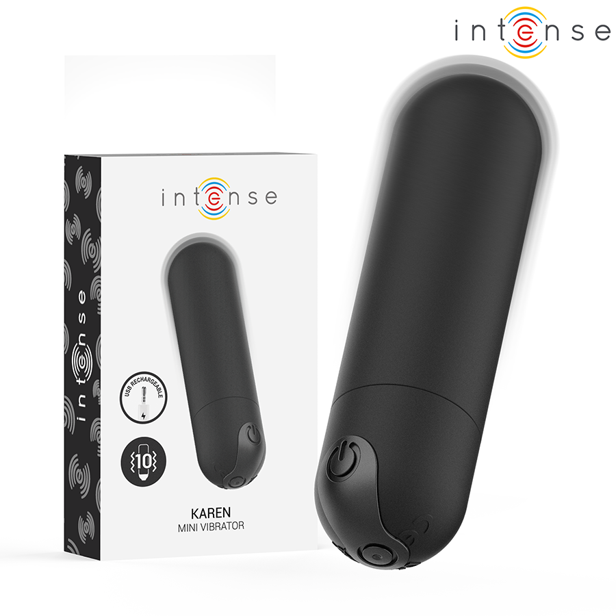 Imagen del artículo erótico INTENSE - KAREN MINI BALA VIBRADORA 10 MODOS RECARGABLE NEGRO de INTENSE FUN en la sección JUGUETES BIENESTAR |Juguetes para Mujeres|Estimuladores|Balas vibradoras de Millenial Sexshop.