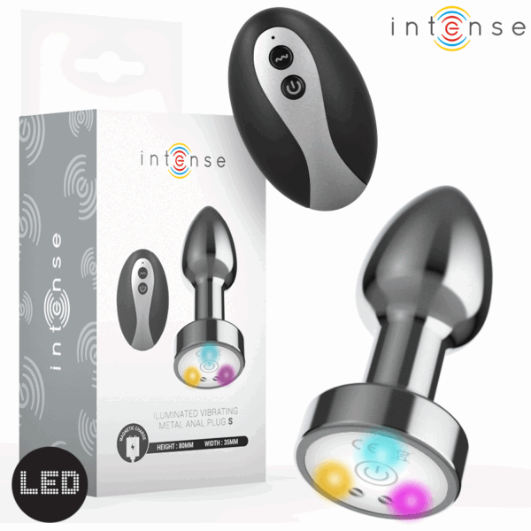 Imagen del artículo erótico INTENSE - PLUG ANAL DE METAL VIBRADOR CON LUCES LED Y CONTROL REMOTO - TALLA S de INTENSE ANAL TOYS en la sección JUGUETES BIENESTAR |Anal|Vibradores Anales de Millenial Sexshop.