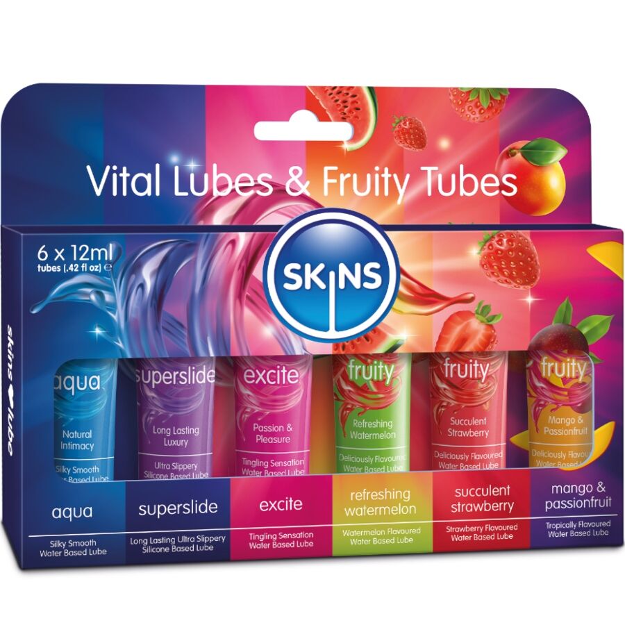 SKINS - VITAL & FRUITY LUBES KIT LUBRICANTES 6 x 12 ML-MillenialSexshop-SKINS Imagen del artículo erótico SKINS - VITAL & FRUITY LUBES KIT LUBRICANTES 6 x 12 ML de SKINS en la sección DROGUERÍA |Lubricantes|Kits Lubricantes de Millenial Sexshop.