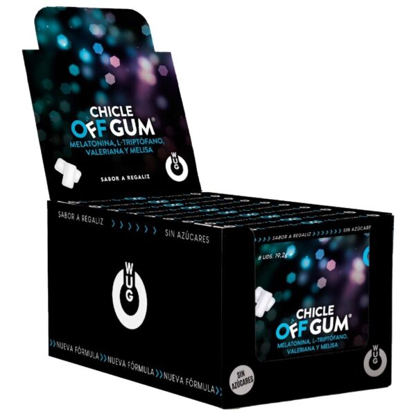 Imagen del artículo erótico WUG Off Gum – DISPLAY 12 X 8 UDS | El chicle funcional que te ayuda a relajarte y dormir mejor de WUG GUM en la sección DROGUERÍA |Complementos Alimenticios|Chicles Estimulantes de Millenial Sexshop.