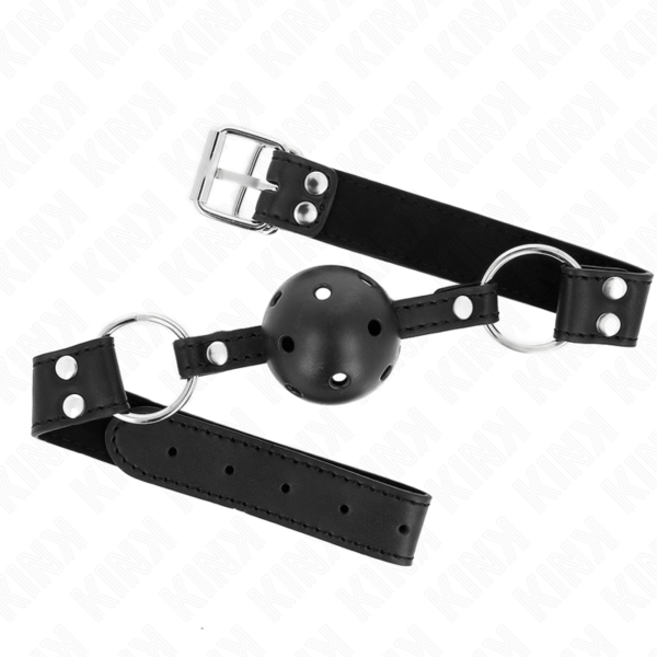 Imagen del artículo erótico KINK - MORDAZA DE BOLA 4 CM TRANSPIRABLE CON DOBLE REMACHE MODELO 1 NEGRO 62 x 2.5 CM AJUSTABLE 42-58 CM de KINK COLLAR & GAG en la sección BDSM & BONDAGE |Bondage|Mordazas de Millenial Sexshop.