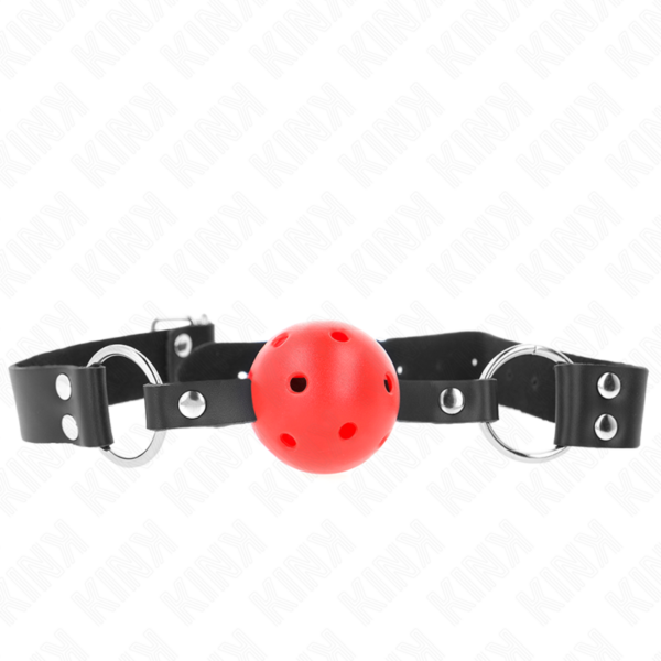 Imagen del artículo erótico KINK - MORDAZA DE BOLA 4 CM TRANSPIRABLE CON DOBLE REMACHE ROJO 62 x 2.5 CM AJUSTABLE 42-58 CM de KINK COLLAR & GAG en la sección BDSM & BONDAGE |Bondage|Mordazas de Millenial Sexshop.